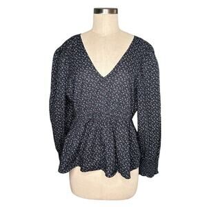 MADEWELL Tie Back Peplum Floral Blouse Women's Size XL Dark Blue Daisy Print